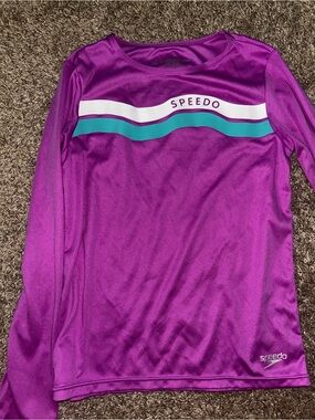 Speedo Purple Long Sleeve Kids Swim Rashguard with White and Teal Stripes